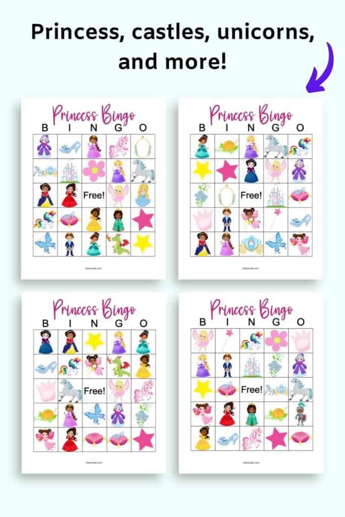 Text "princesses, castles, unicorns, and more!" with a preview of four printable princess bingo cards