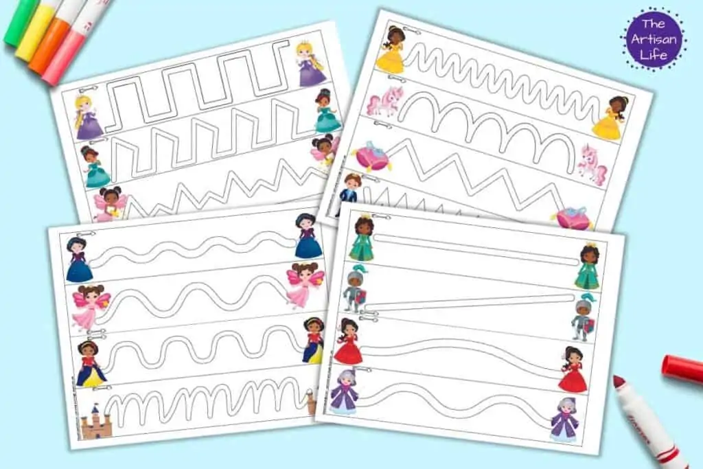 A preview of four princess themed trace in the path pages. Each page has four paths to trace. They are shown on a light blue background with colorful children's markers.