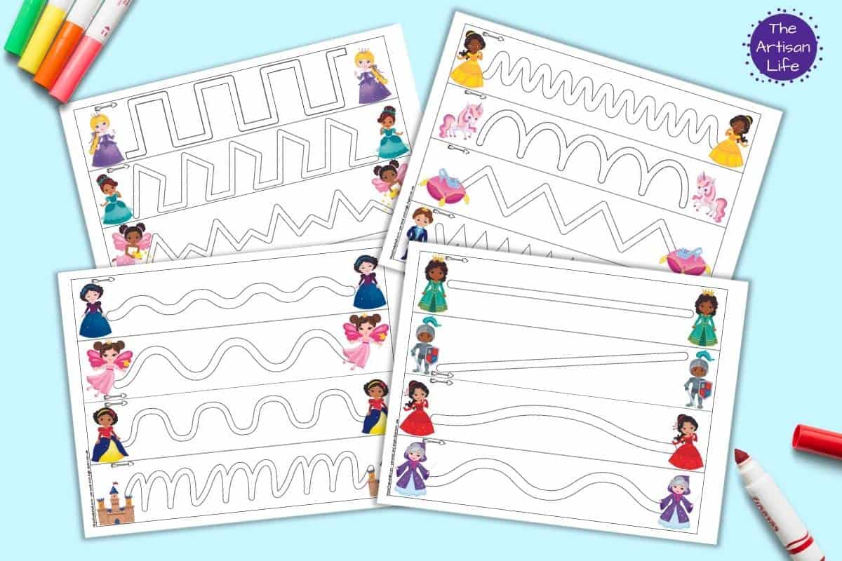 A preview of four princess themed trace in the path pages. Each page has four paths to trace. They are shown on a light blue background with colorful children's markers.