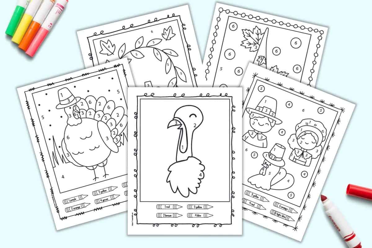 A preview of five simple color by number pages with a Thanksgiving theme