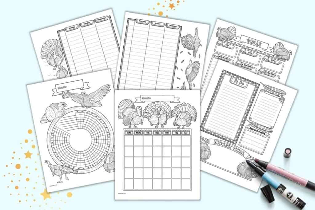 A purview of six free printable turkey themed bujo style planner printables. There is an undated monthly calendar, a habit tracker, a goals tracker, a two page weekly spread, and a daily log.