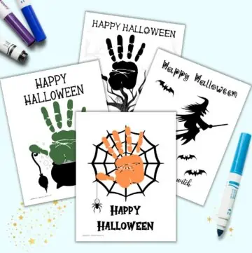 A preview of four printable Halloween handprint craft pages with "Happy Halloween" and a Halloween image on each page