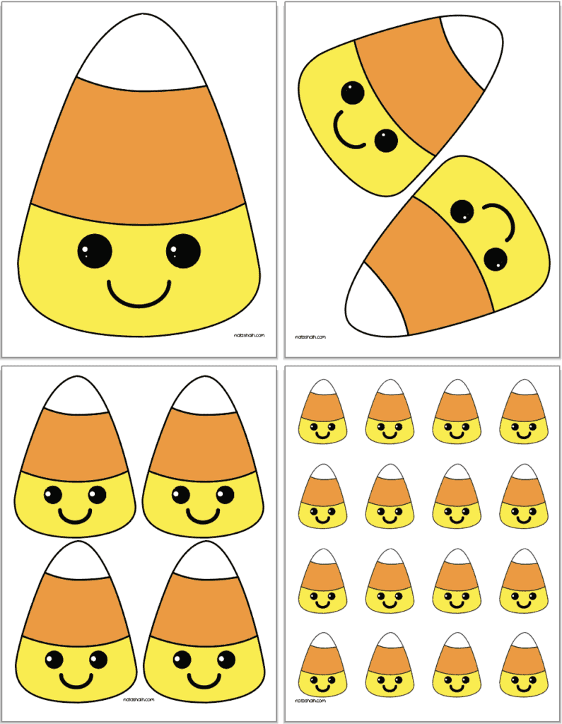 Four pages of colorful candy corns with cute faces