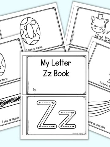 A preview of five pages of printable letter z book