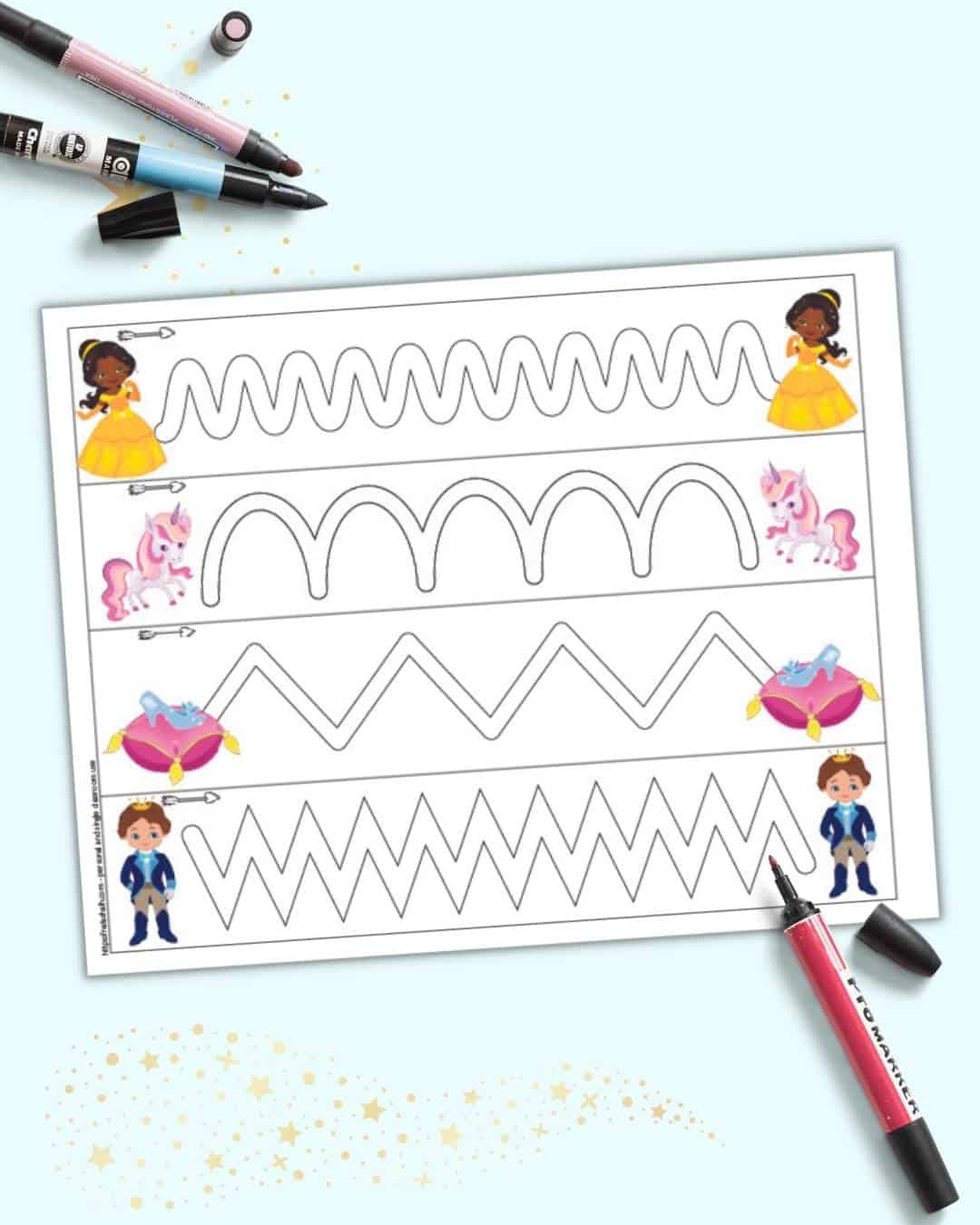 A preview of a prewriting practice page with a princess theme. There are fourt paths to trace.