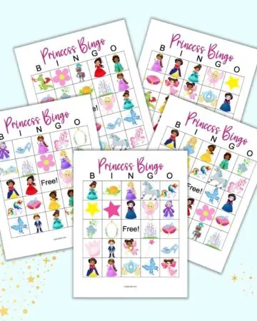 A preview of five printable princess bingo cards