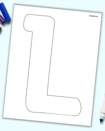 A page with a large bubble letter L. It is shown on a light blue background with colorful children's markers.