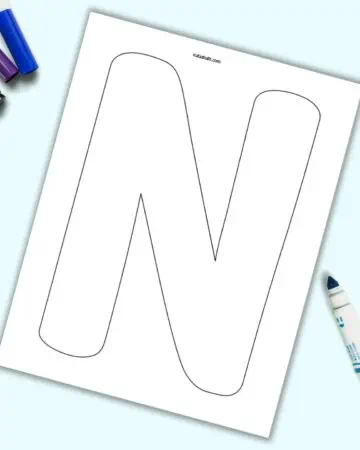A large bubble letter N with a black outline on a page.