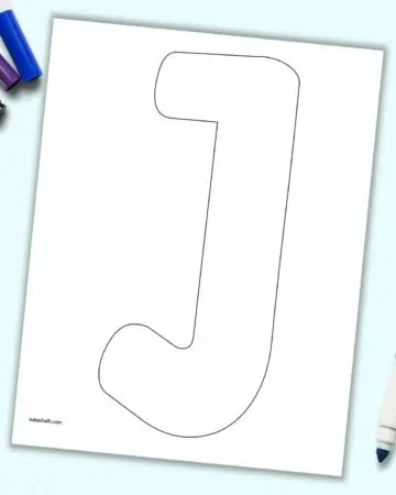 A printable uppercase bubble letter J on a blue background with children's markers.