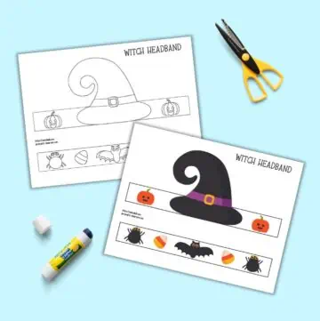 Two printable pages of Halloween witch headband craft. One is in color and the other black and white.