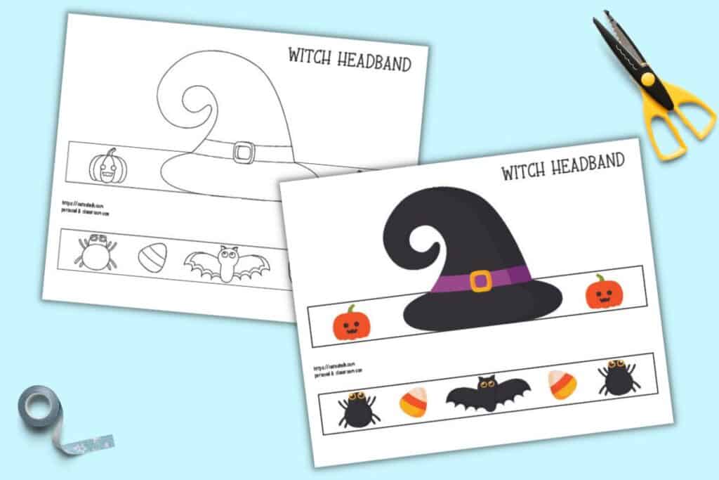 Two printable pages of Halloween witch headband craft. One is in color and the other black and white.