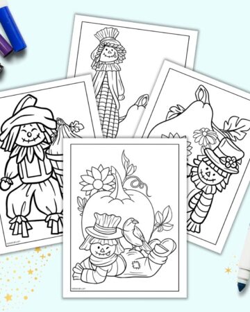 A preview of four scarecrow coloring pages for kids. They are on a light blue background with colorful children's markers