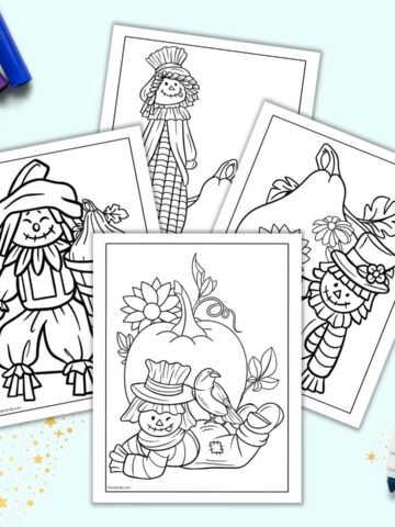 A preview of four scarecrow coloring pages for kids. They are on a light blue background with colorful children's markers