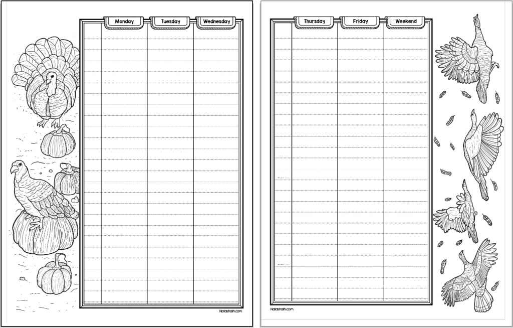 A preview of two turkey themed bujo planner pages. They form a two page weekly spread.