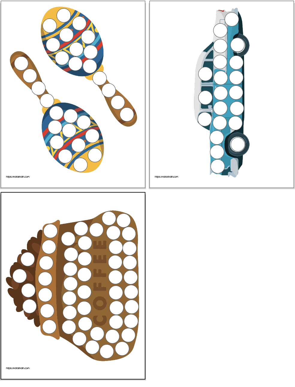 Three Cuban themed dot marker pages showing: maracas, a classic car, and a sack of coffee