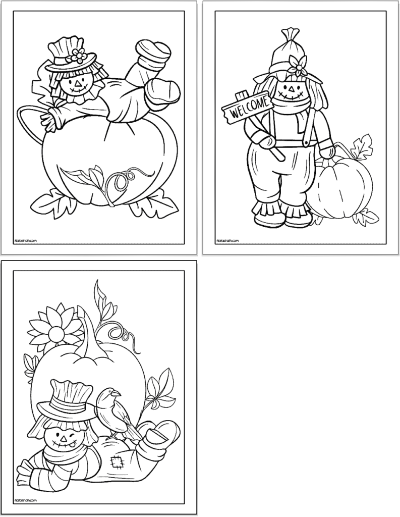 A preview of three scarecrow coloring pages for kids