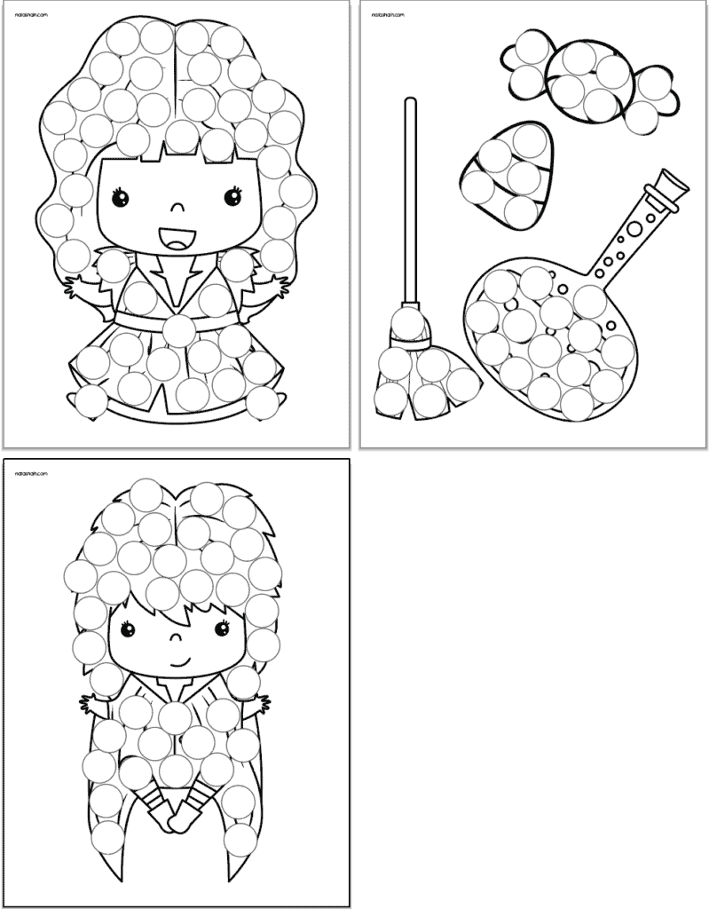 A preview of three witch themed dot marker coloring pages
