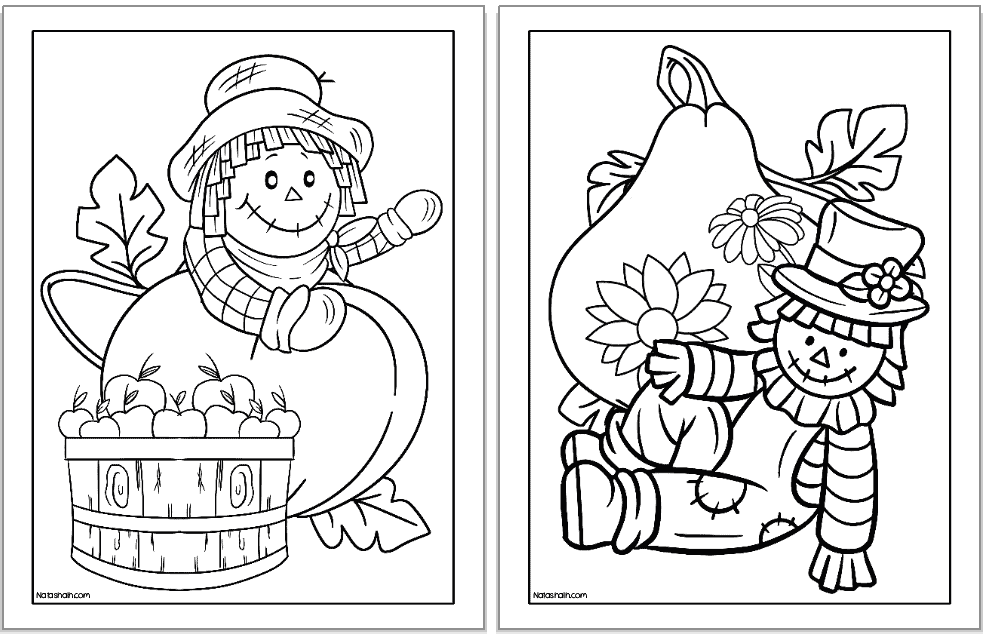 A preview of two scarecrow coloring pages for kids