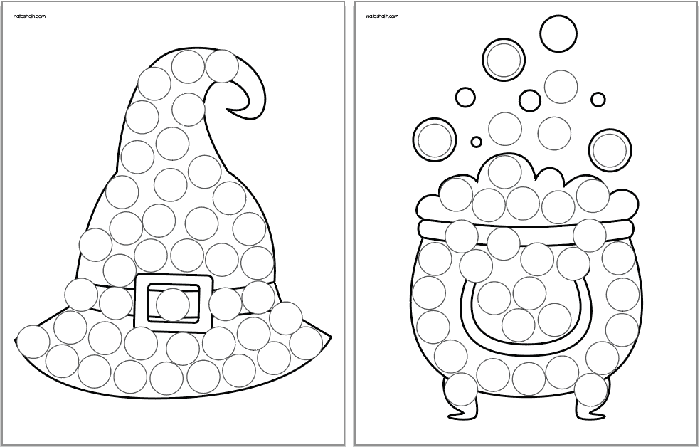 Two dot marker coloring pages. One has a witch hat and the other a bubbling cauldron
