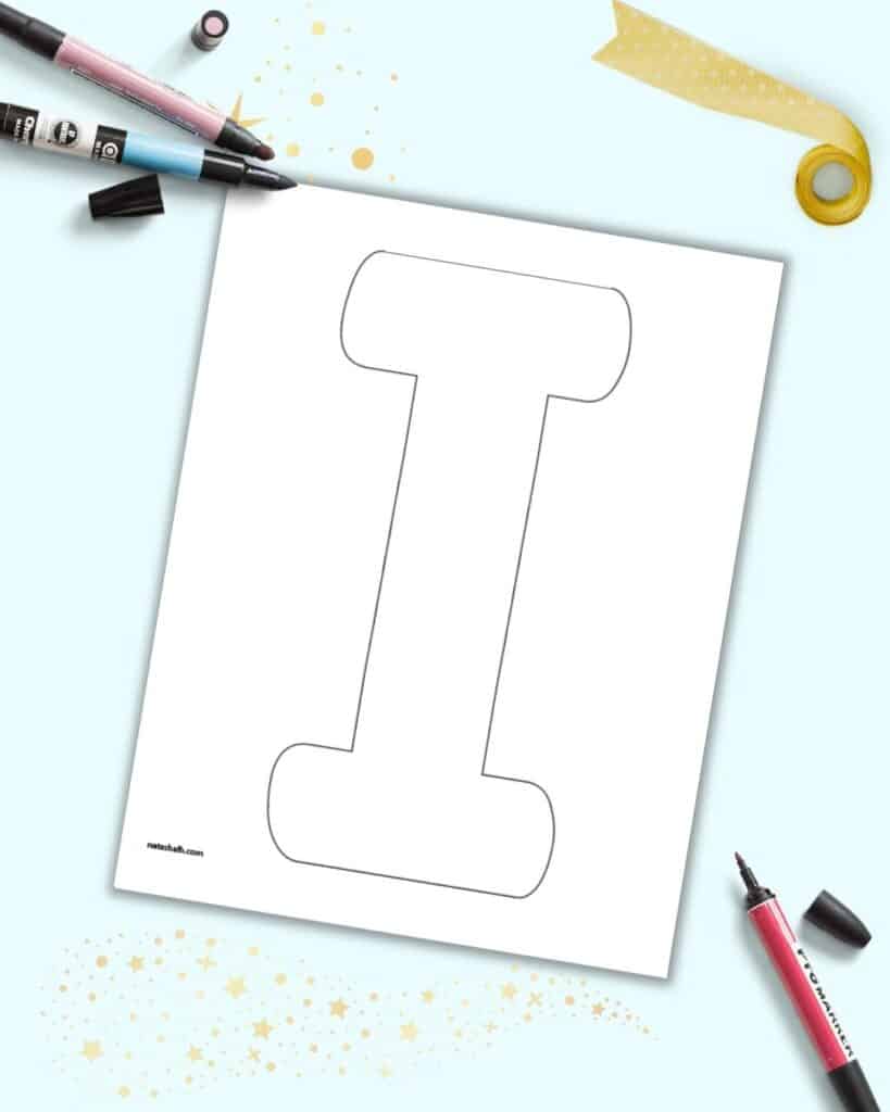 A preview of a printable page with a large uppercase bubble letter I
