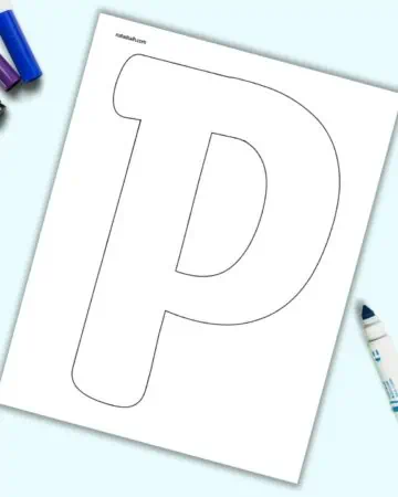 A page with a large bubble letter P. It is shown on a light blue background with colorful children's markers.