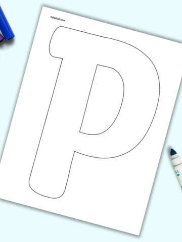 A page with a large bubble letter P. It is shown on a light blue background with colorful children's markers.
