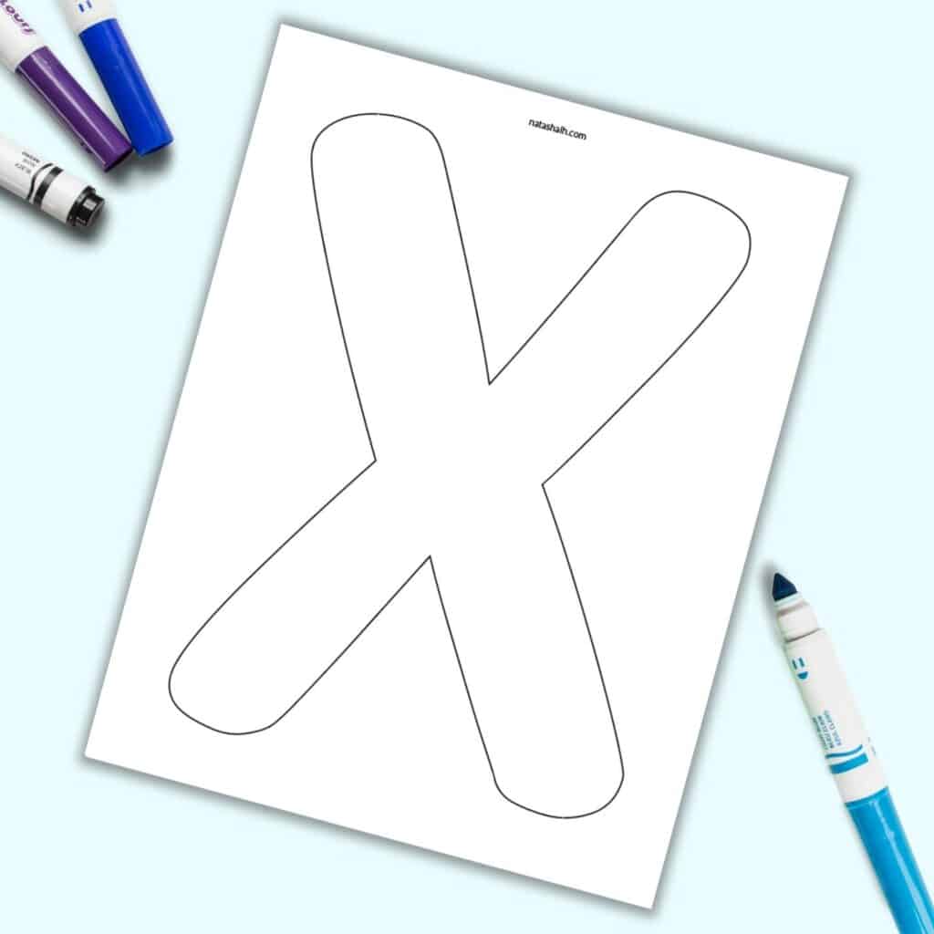 A page with a large printable bubble letter X