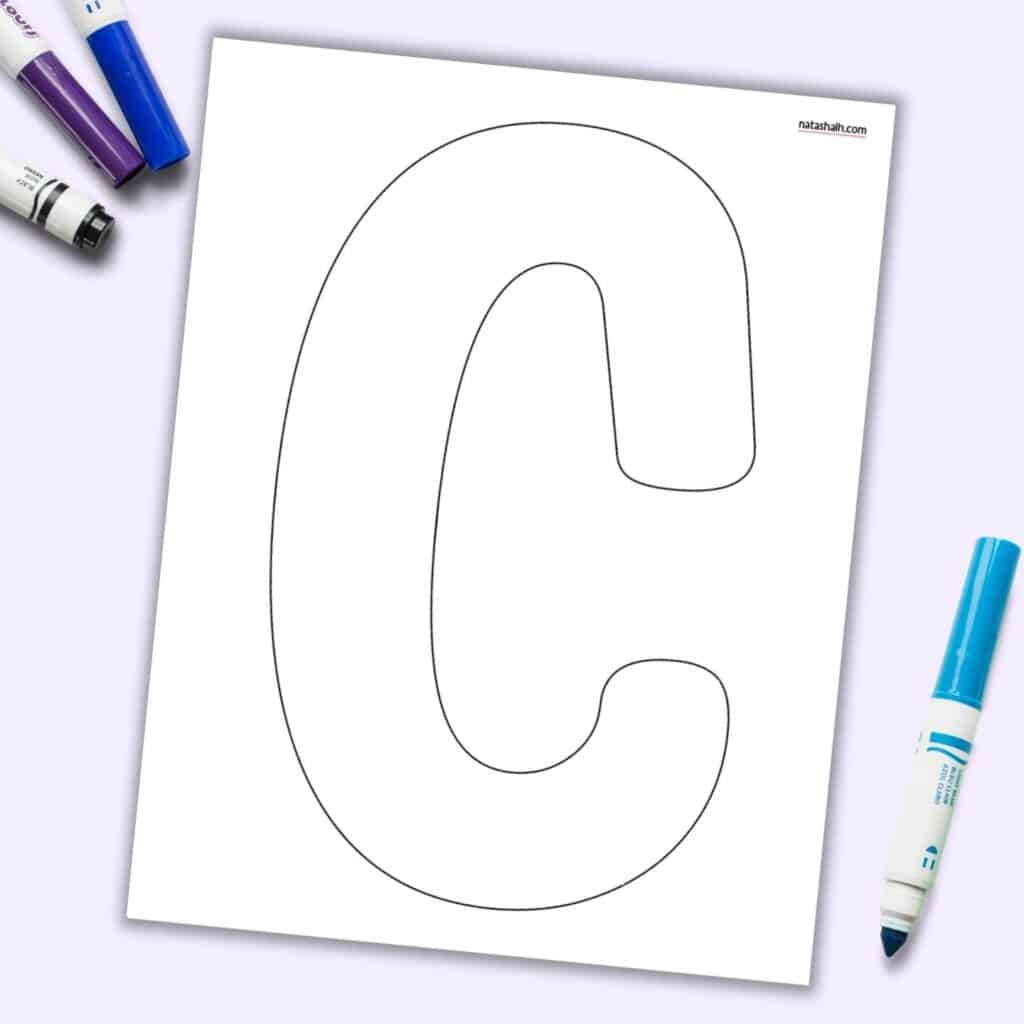 A printable page with a large uppercase bubble letter C