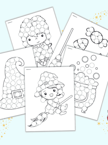 A preview of five cute with themed dot marker coloring pages for halloween