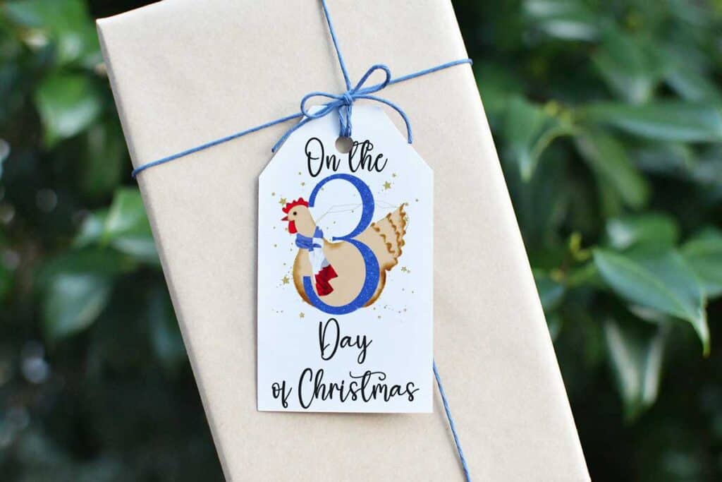 A preview of a 12 days of Christmas gift tag on a present wrapped with brown paper. The gift tag shows a large number 3 with a French Hen.