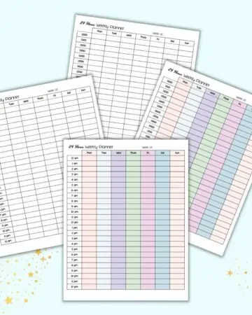 A preview of four 24 hours weekly planners. Two are color, two are black and white. One of each is in 12 hour time, one in 24 hour time.