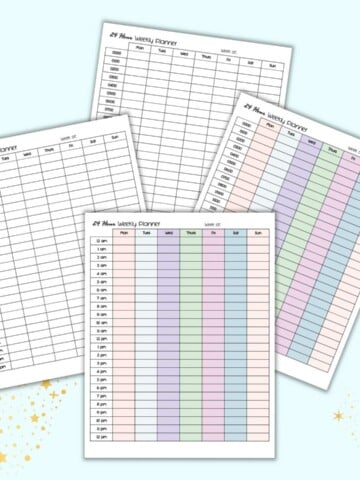 A preview of four 24 hours weekly planners. Two are color, two are black and white. One of each is in 12 hour time, one in 24 hour time.
