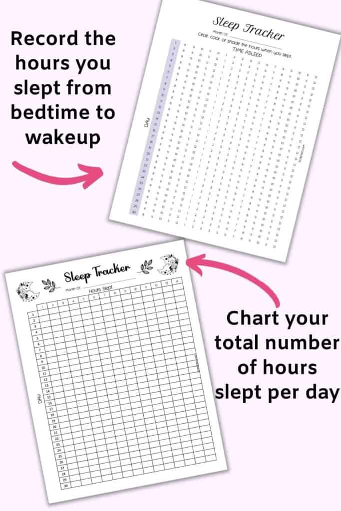 Two monthly sleep log printables charting bedtime and wakeup and total number of hours slept.