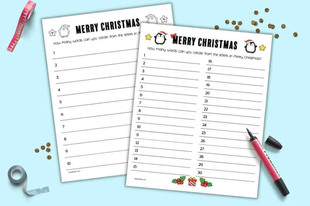A preview of two pages of "how many words can you make from Merry Christmas" game printables. One has a spot for 30 answers and the other has space for 10 answers. 