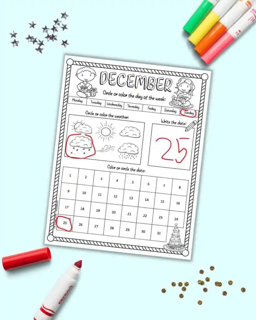 A preview of a December calendar printable for kids with Sunday December 25 circled