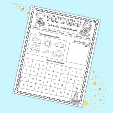A preview of a December kid's calendar worksheet printable