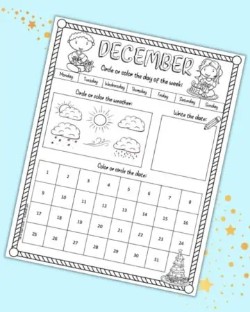 A preview of a December kid's calendar worksheet printable