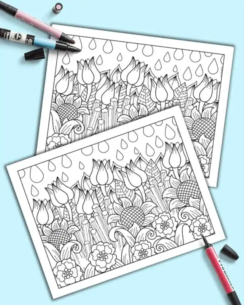 A preview of two detailed, full page flower coloring pages for adults