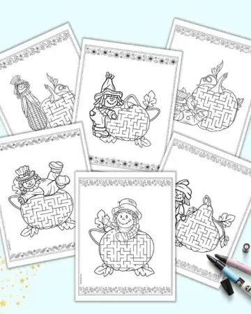 A preview of six pages of scarecrow maze printable