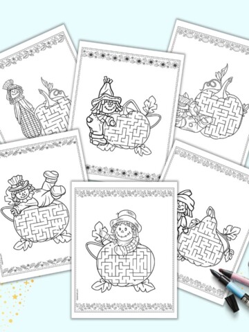 A preview of six pages of scarecrow maze printable