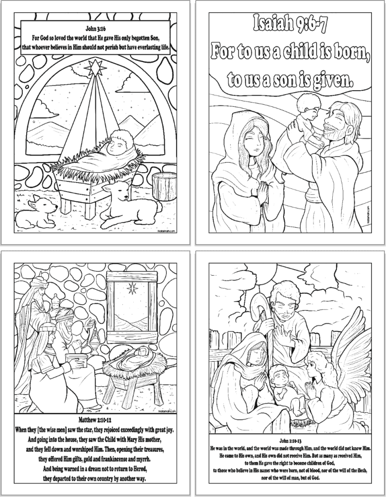A preview of four detailed Nativity coloring pages with Bible verse quotations from John 1:10-13, Matthew 2:10-12, Isaiah 9:6-7, and John 3:16
