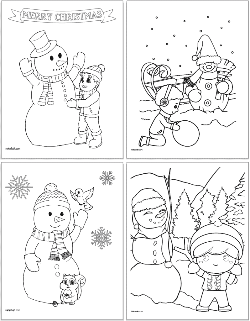 Four cute snowman coloring pages for kids
