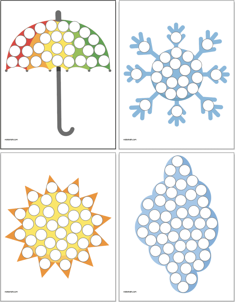 A preview of four pages of weather themed dot marker pages including: an umbrella, a snowflake, a sun, and a cloud