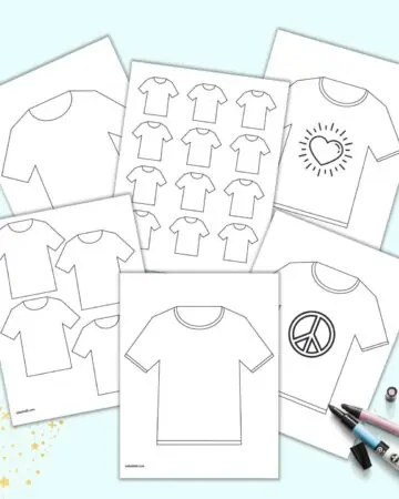 A preview of six pages of printable white t-shirt template including large plain shirts, small t-shirt printables, a love shirt, and a peace sign shirt