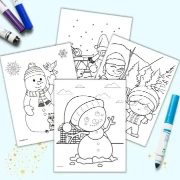 A preview of four snowman coloring pages with colorful children's markers