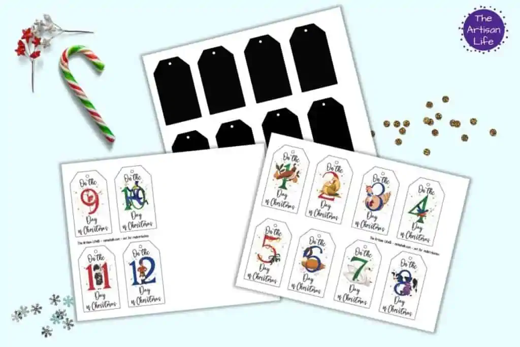 A preview of two sheets of 12 days of Christmas gift tags and a blackout png cut file