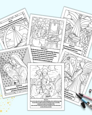 A preview of six Nativity coloring pages for adults with Bible verse quotations