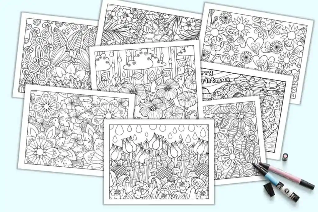 A preview of eight flower coloring pages for adults. They have detailed designs and are full page.