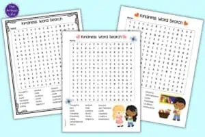 A preview of three Kindness themed word search printables.