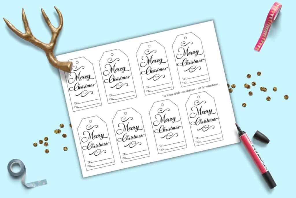 A preview of a page of simple calligraphy Merry Christmas gift tags.